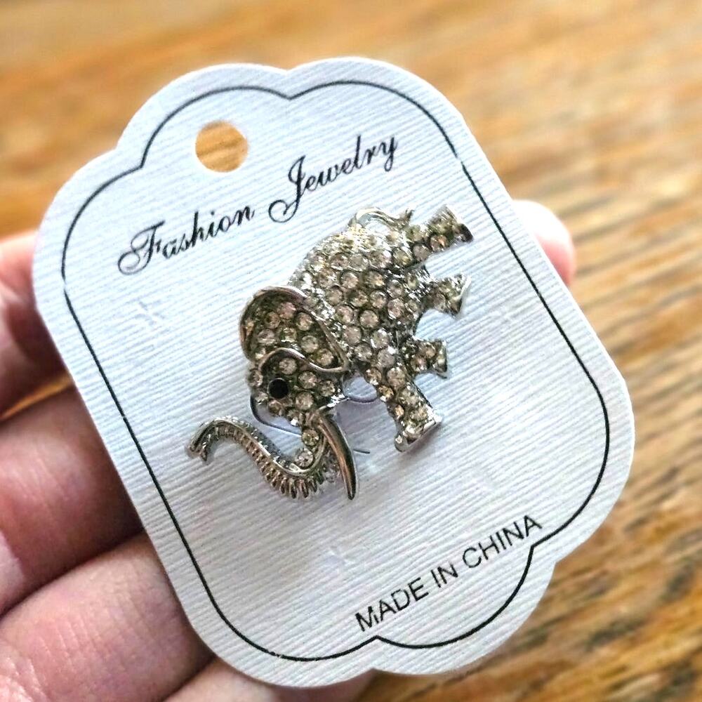 Boutique Boho Style Silver-Tone Mixed Metal & Clear Rhinestone Elephant Brooch